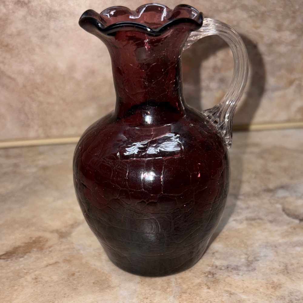 Vintage Art Glass amethyst crackle glass pitcher. 4-3/8”H